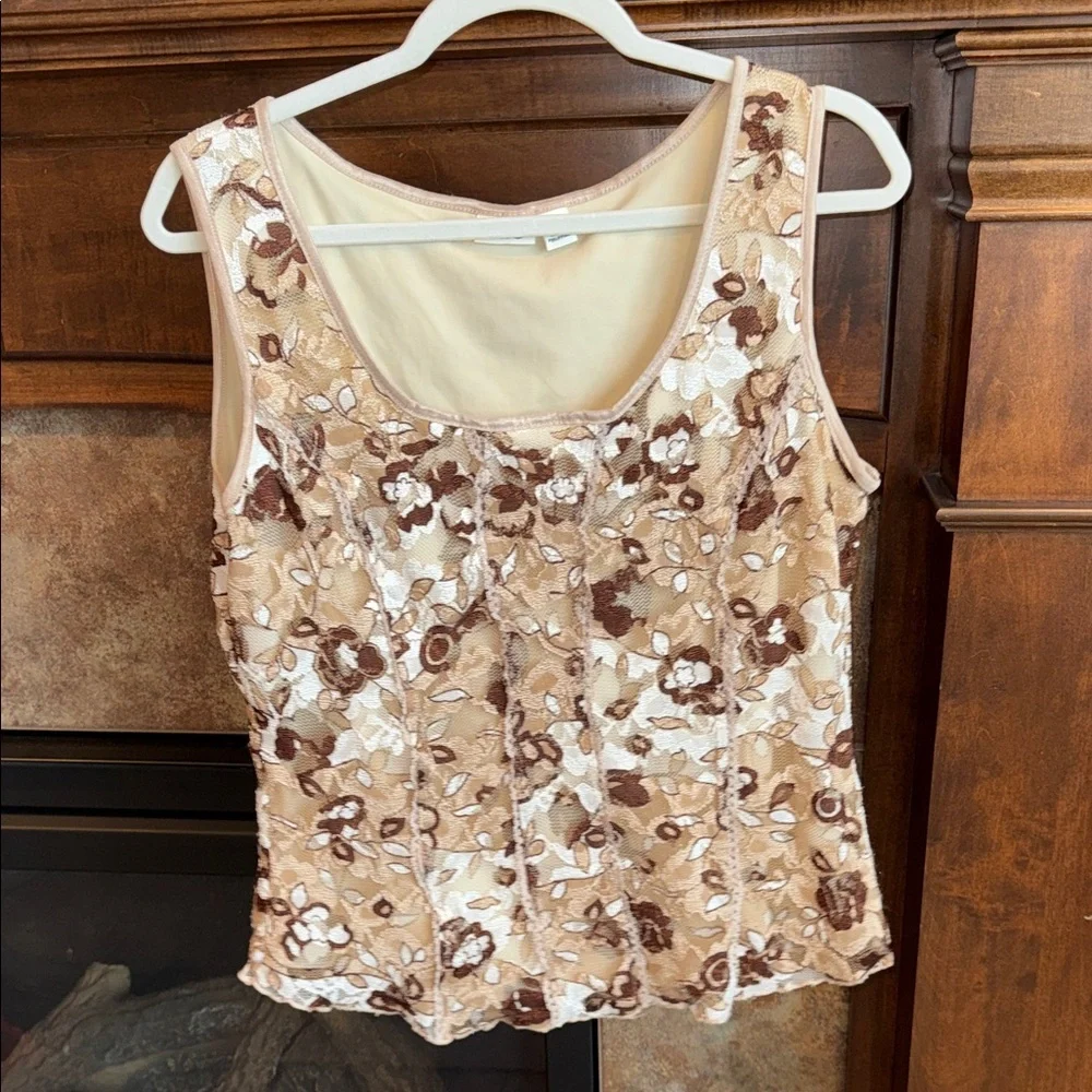 Brown tan cream floral lace scoop neck Y2K boho hippie western tank top XL